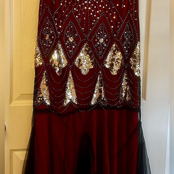1920’s Flapper Dress Ruby Red Bejeweled Floor Length - Picture 4 of 4